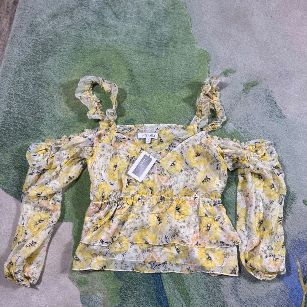 Intermix Exclusive Grace Silk Floral Cold Shoulder Ruffle Blouse Yellow HFT154A